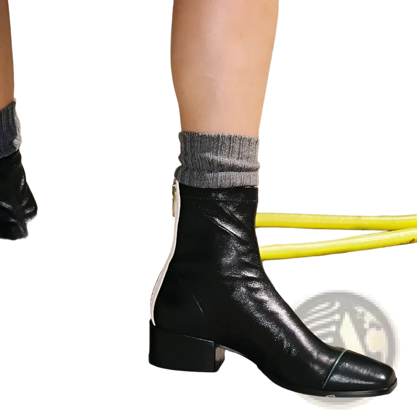 Square Toe Ankle Boots with White Contrast Zipper