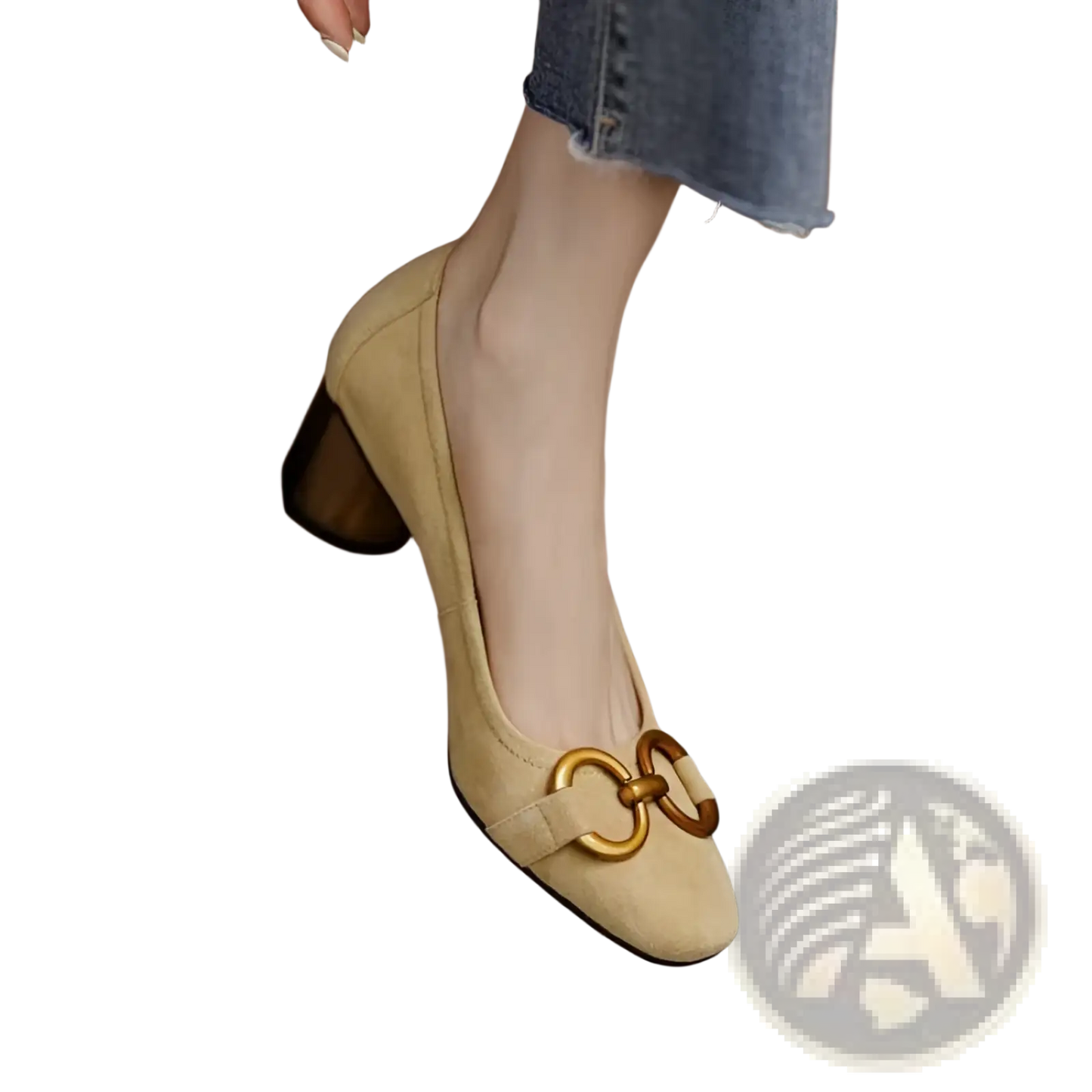 Square Toe Leather Pumps with Gold Buckle Detail