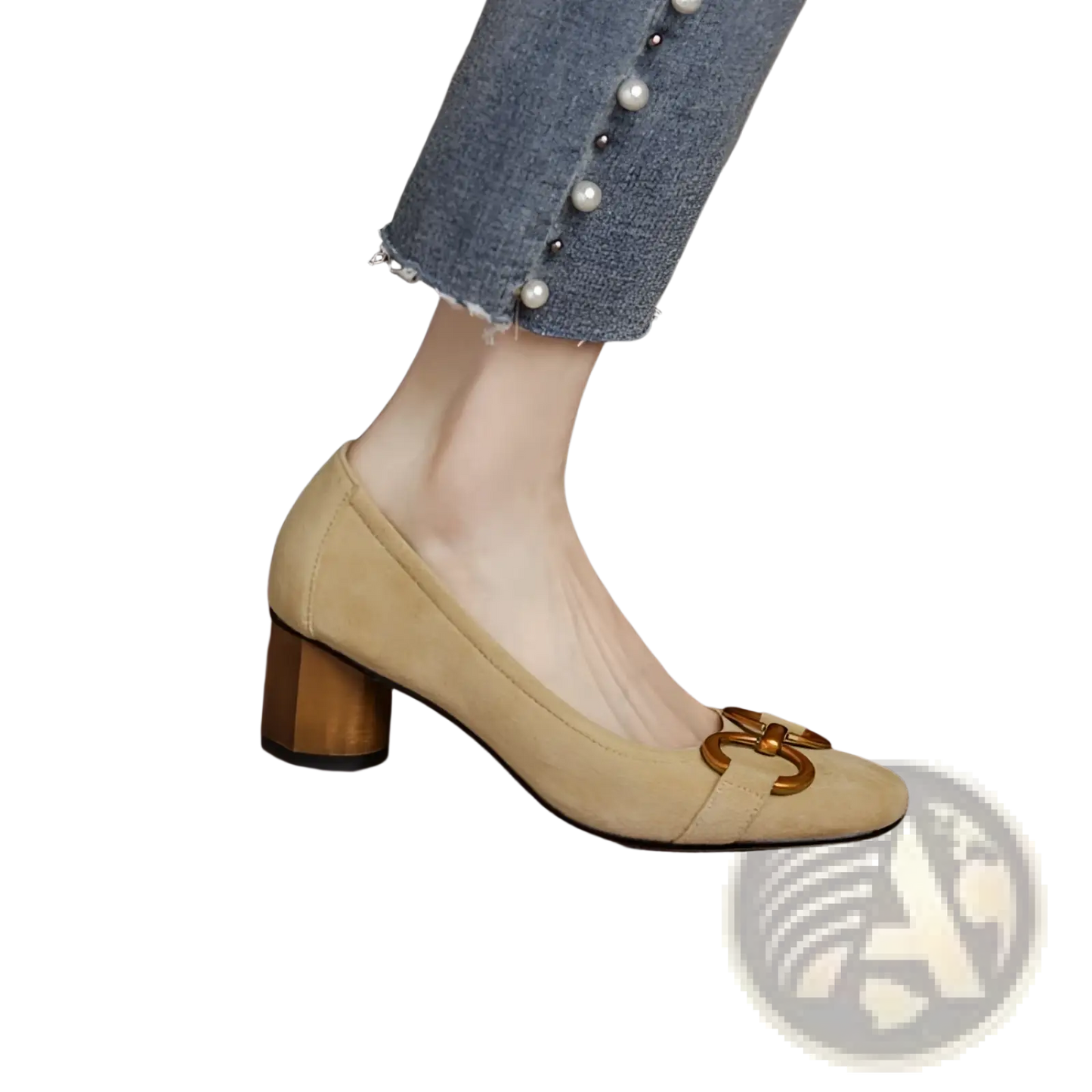 Square Toe Leather Pumps with Gold Buckle Detail