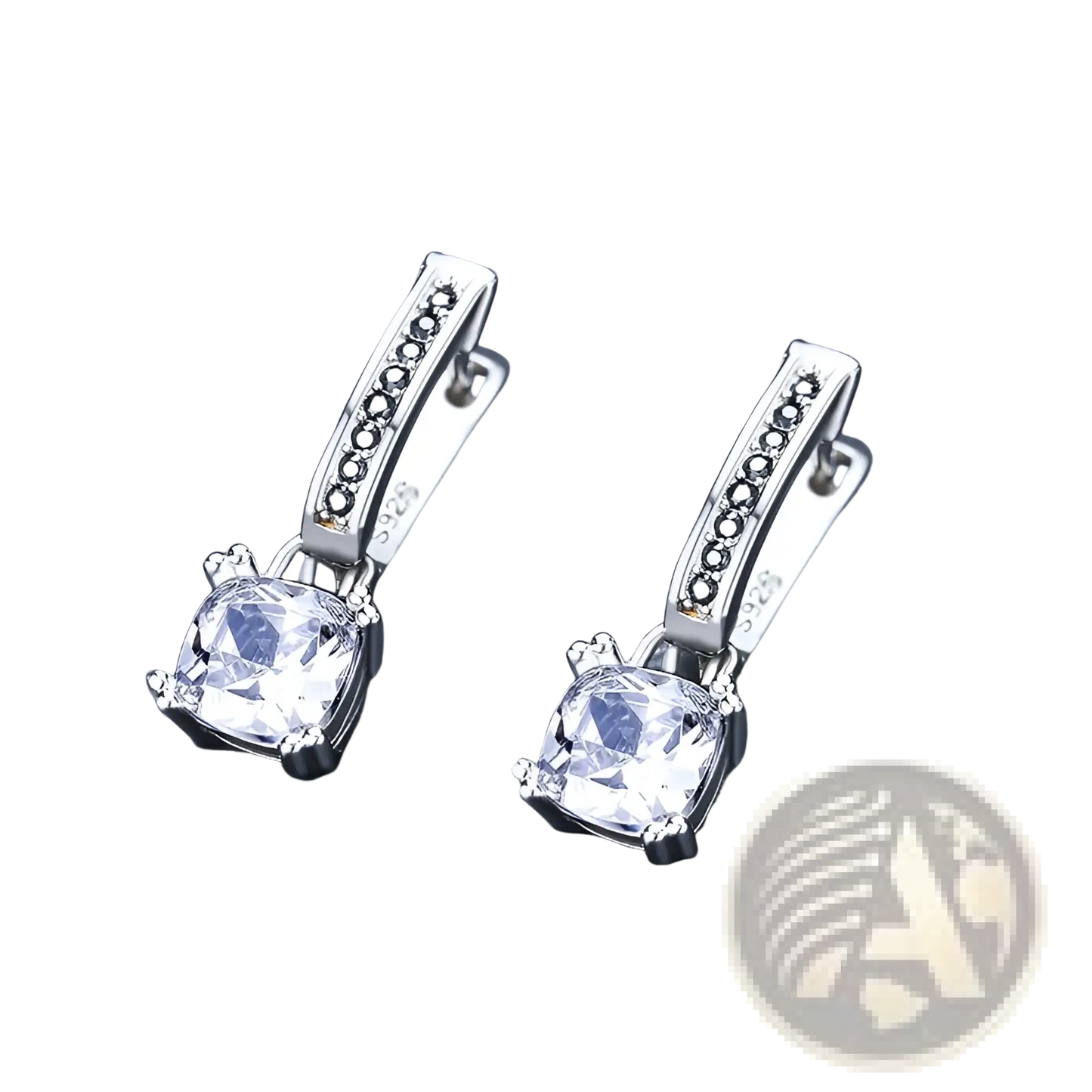 Square Zircon and Black Diamond Silver Drop Earrings