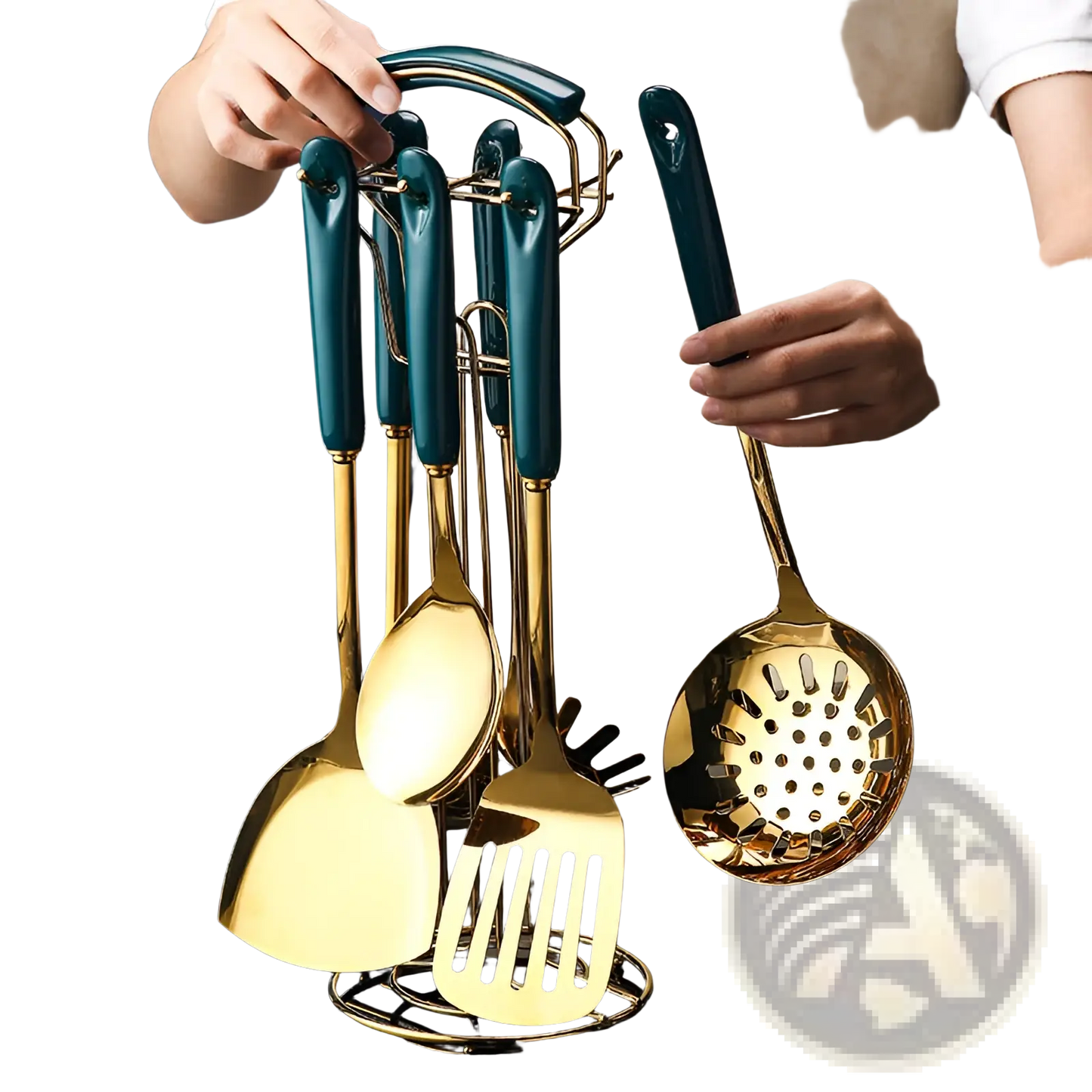 Stainless Steel Gold and Teal Kitchen Utensil Set