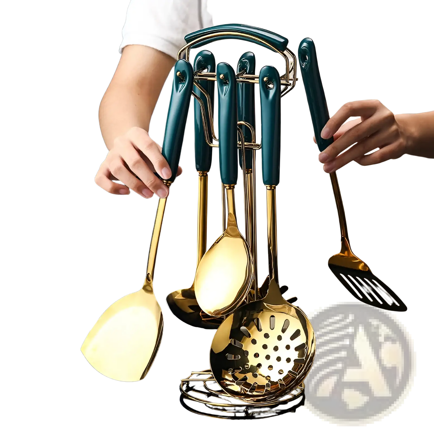 Stainless Steel Gold and Teal Kitchen Utensil Set