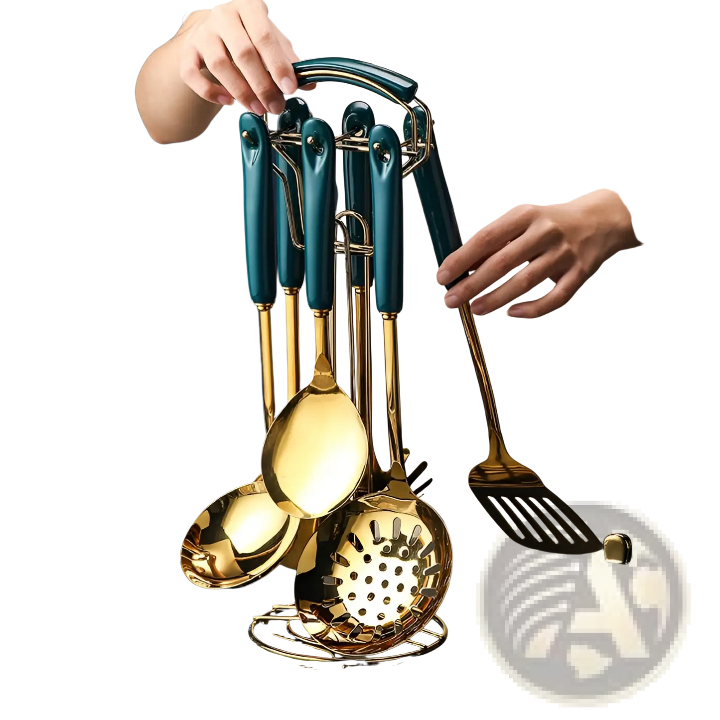 Stainless Steel Gold and Teal Kitchen Utensil Set