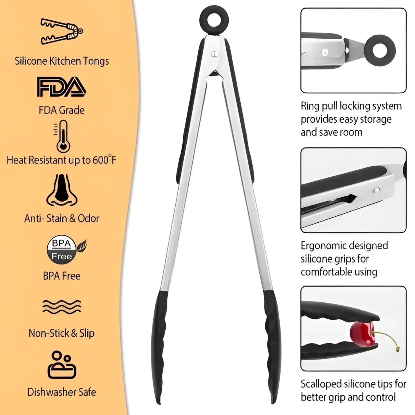 Stainless Steel Kitchen Tongs with Silicone Tips 3 Pack