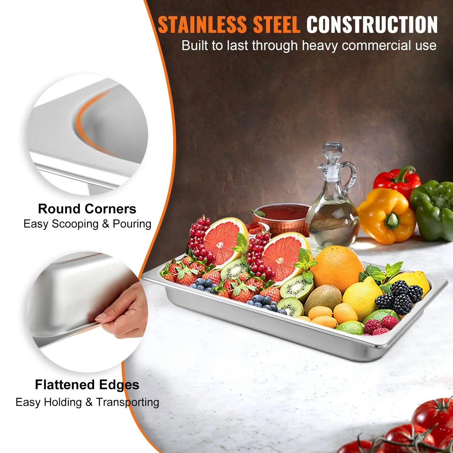 Stainless Steel Steam Table Pans 6 Pack Full Size 2.6 Deep