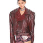 Glossy Burgundy Stand Collar Leather Moto Jacket