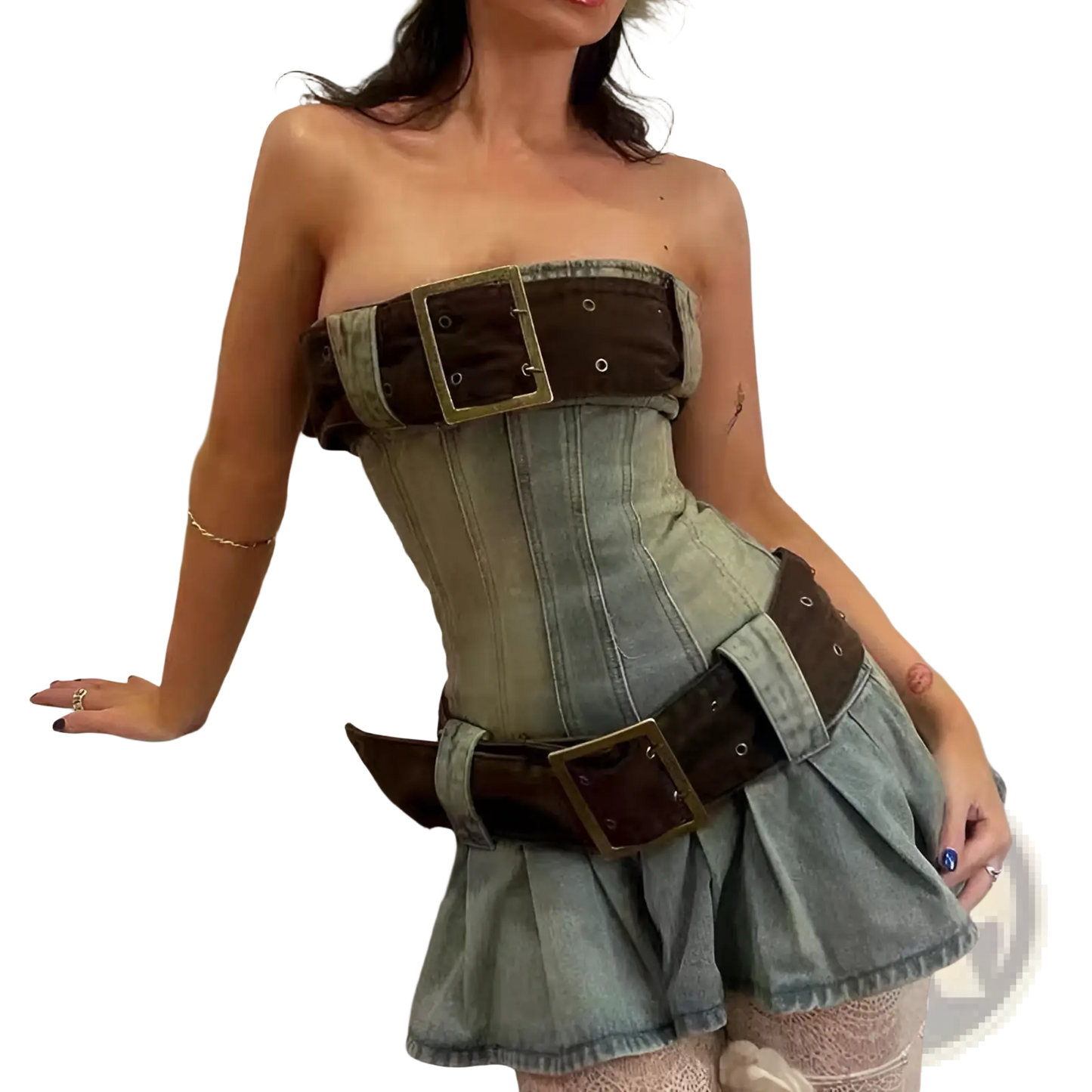 Strapless Denim Corset Mini Dress with Leather Belts