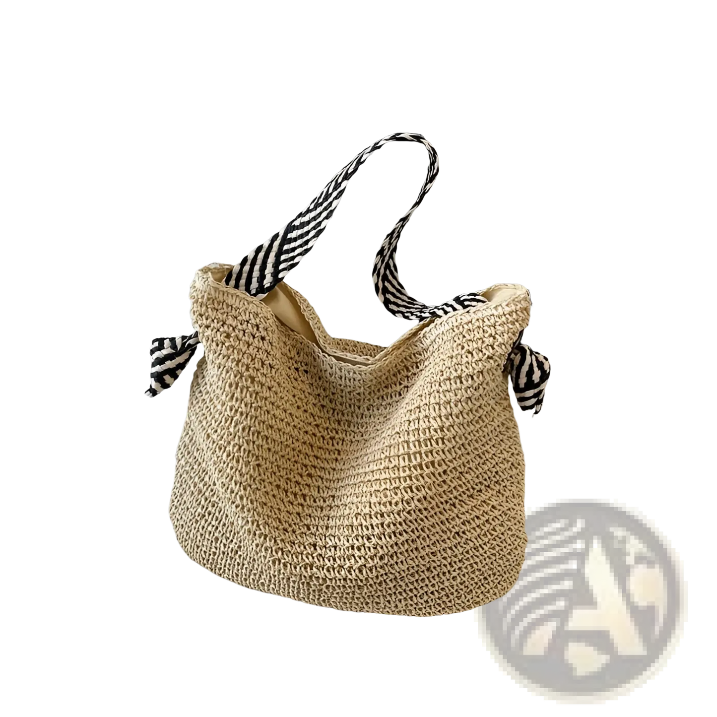 Straw Tote Bag with Striped Bow Handles