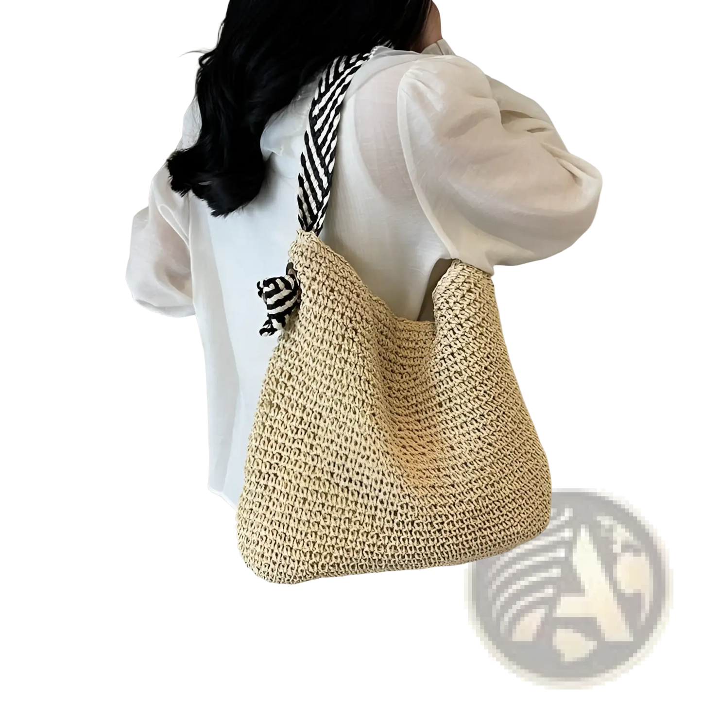 Straw Tote Bag with Striped Bow Handles