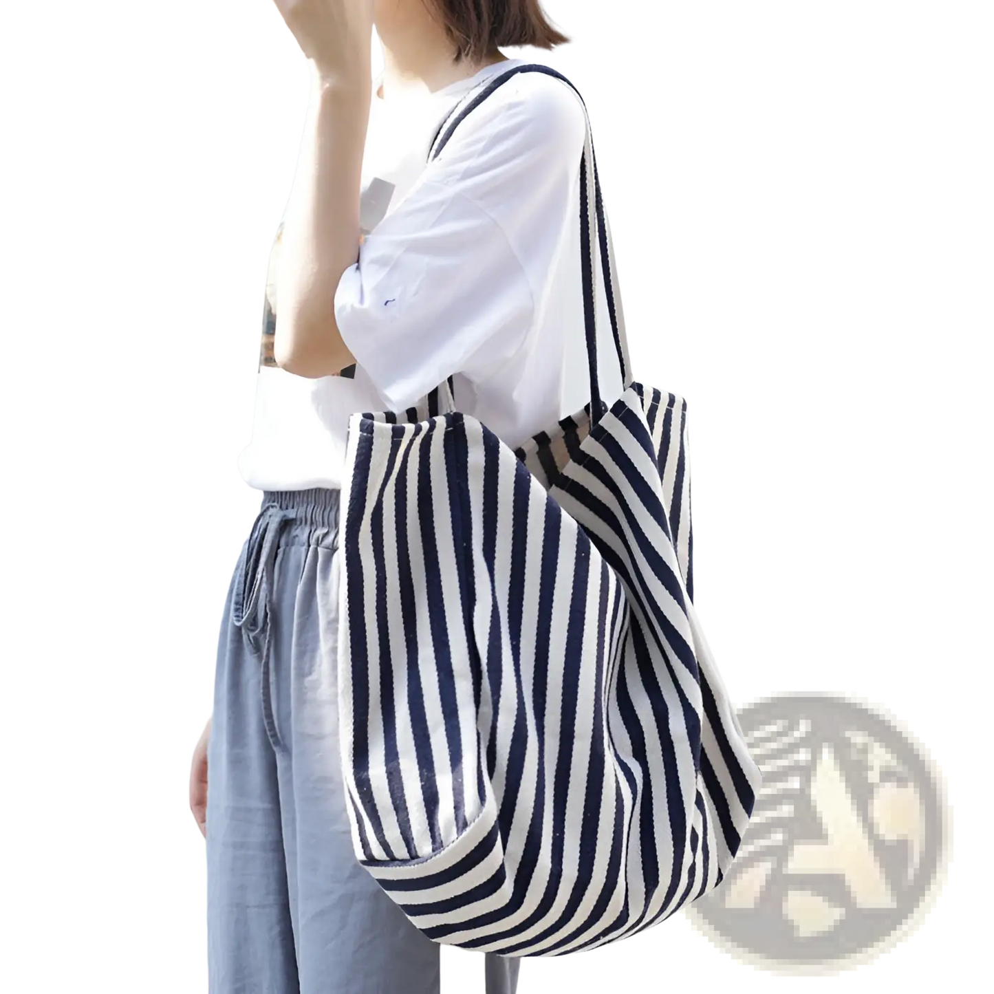 Striped Canvas Tote Bag High Capacity Shoulder Bag