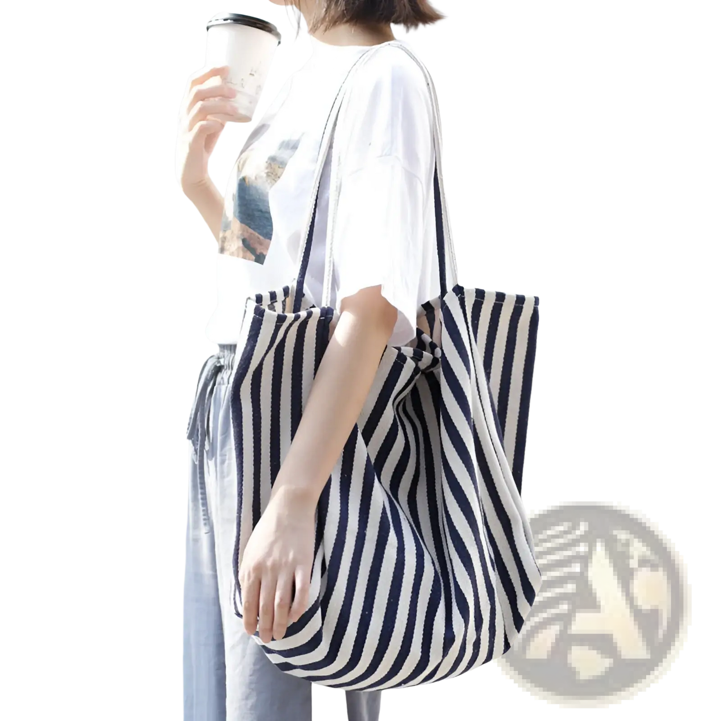 Striped Canvas Tote Bag High Capacity Shoulder Bag