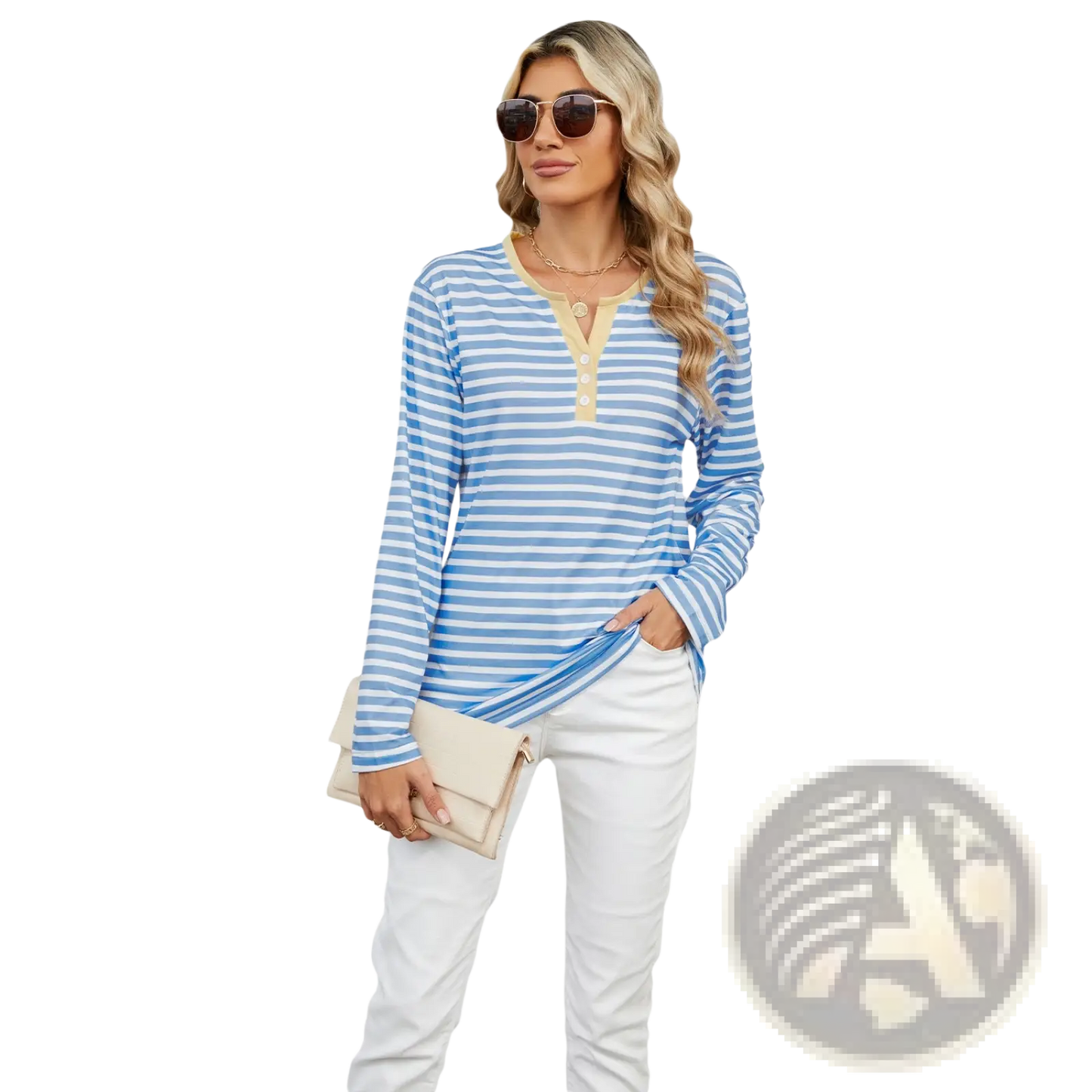 Striped Contrast Henley Long Sleeve v Neck t Shirt