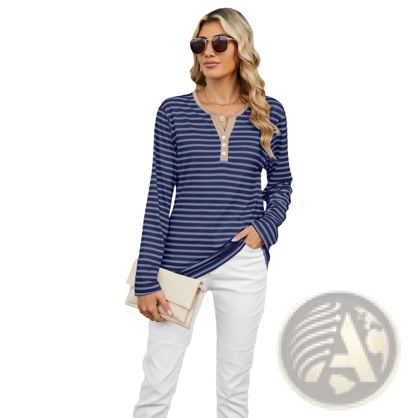 Striped Contrast Henley Long Sleeve v Neck t Shirt