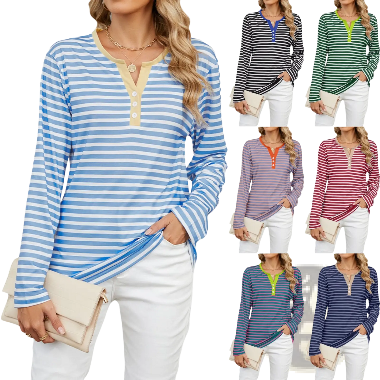 Striped Contrast Henley Long Sleeve v Neck t Shirt
