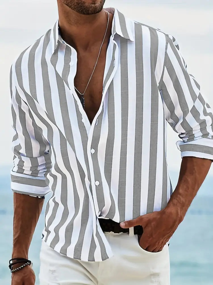 Men's Loose Fit Vertical Striped Long Sleeve Casual Shirt