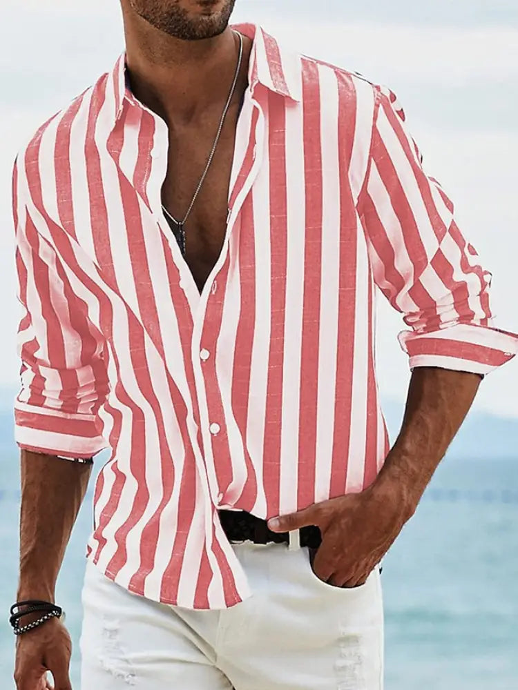 Men's Loose Fit Vertical Striped Long Sleeve Casual Shirt