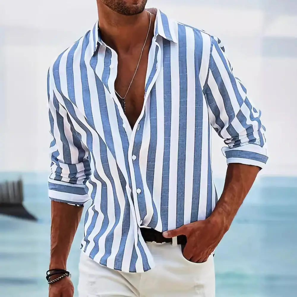 Men's Loose Fit Vertical Striped Long Sleeve Casual Shirt