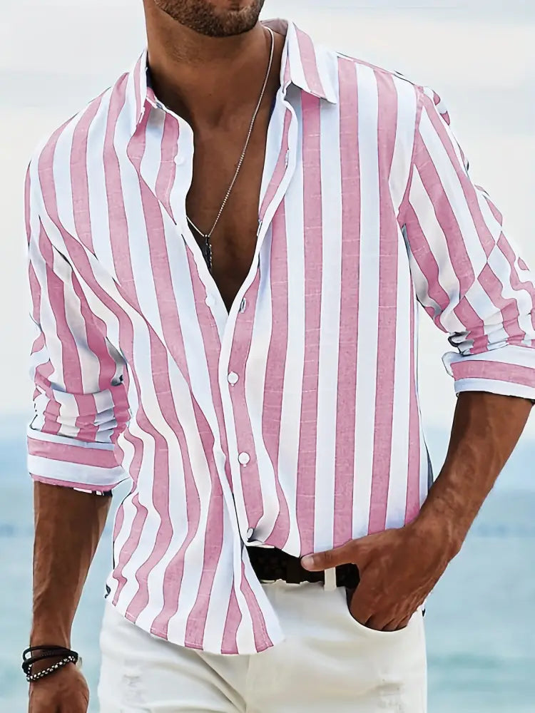 Men's Loose Fit Vertical Striped Long Sleeve Casual Shirt