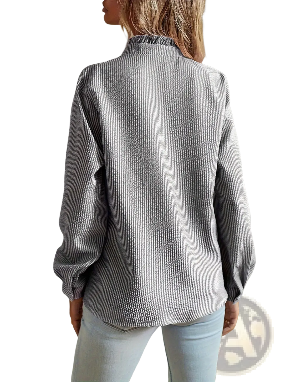 Striped Ruffle Stand Collar Textured Blouse