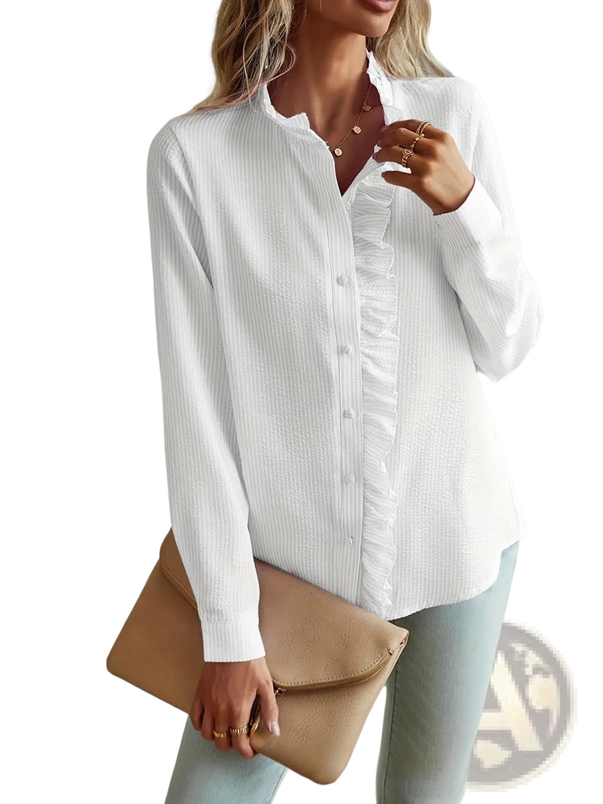 Striped Ruffle Stand Collar Textured Blouse