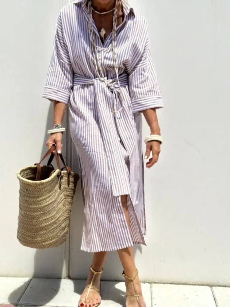 Striped Linen Belted Lapel Shirt Dress