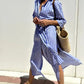 Striped Linen Belted Lapel Shirt Dress