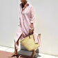 Striped Linen Belted Lapel Shirt Dress
