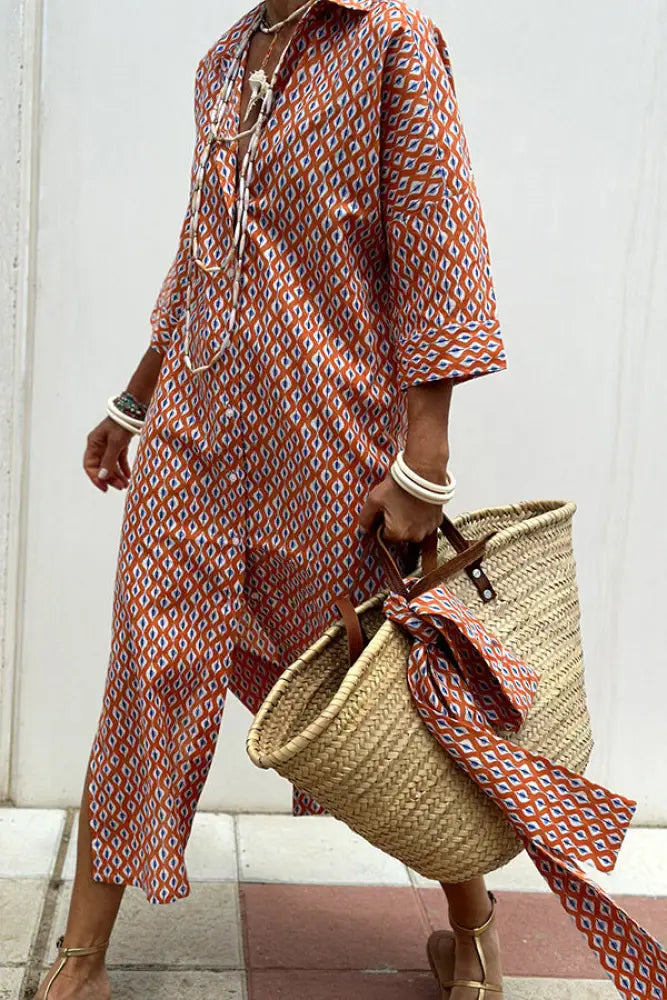 Striped Linen Belted Lapel Shirt Dress