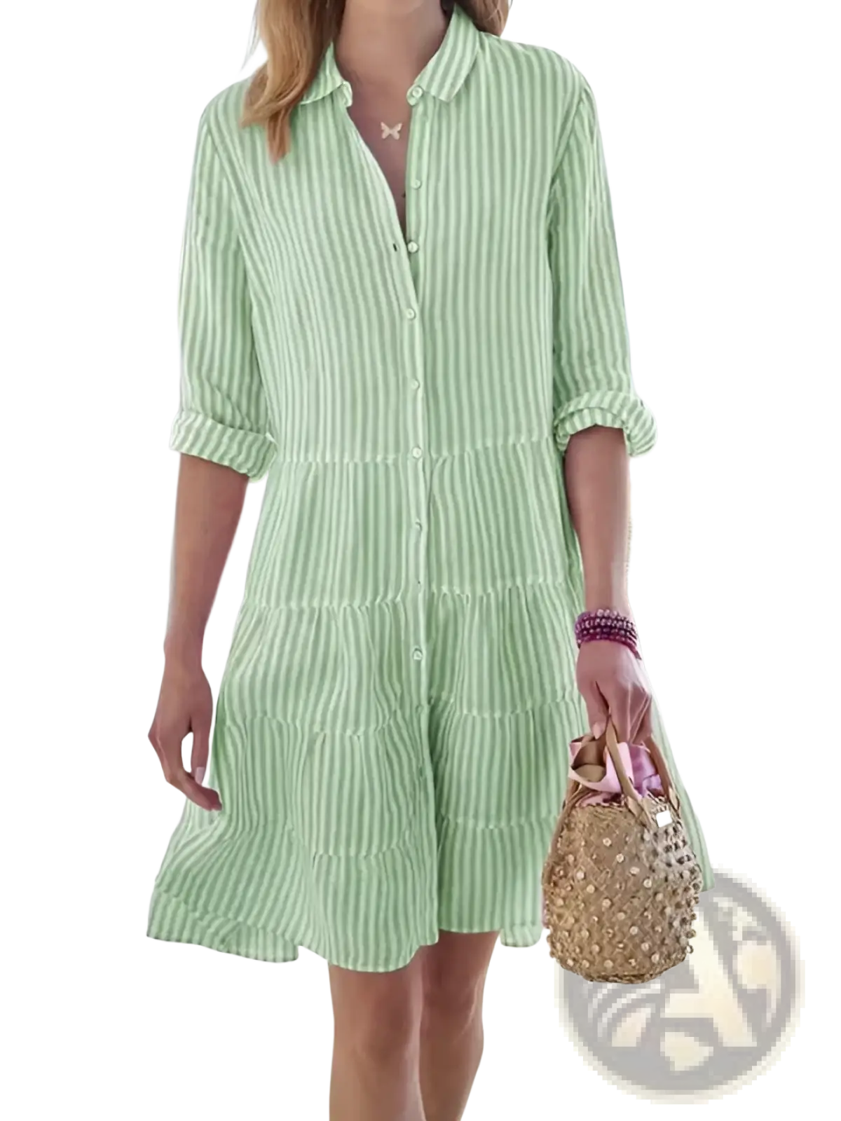 Striped Tiered Ruffle Shirt Dress with Lapel Collar