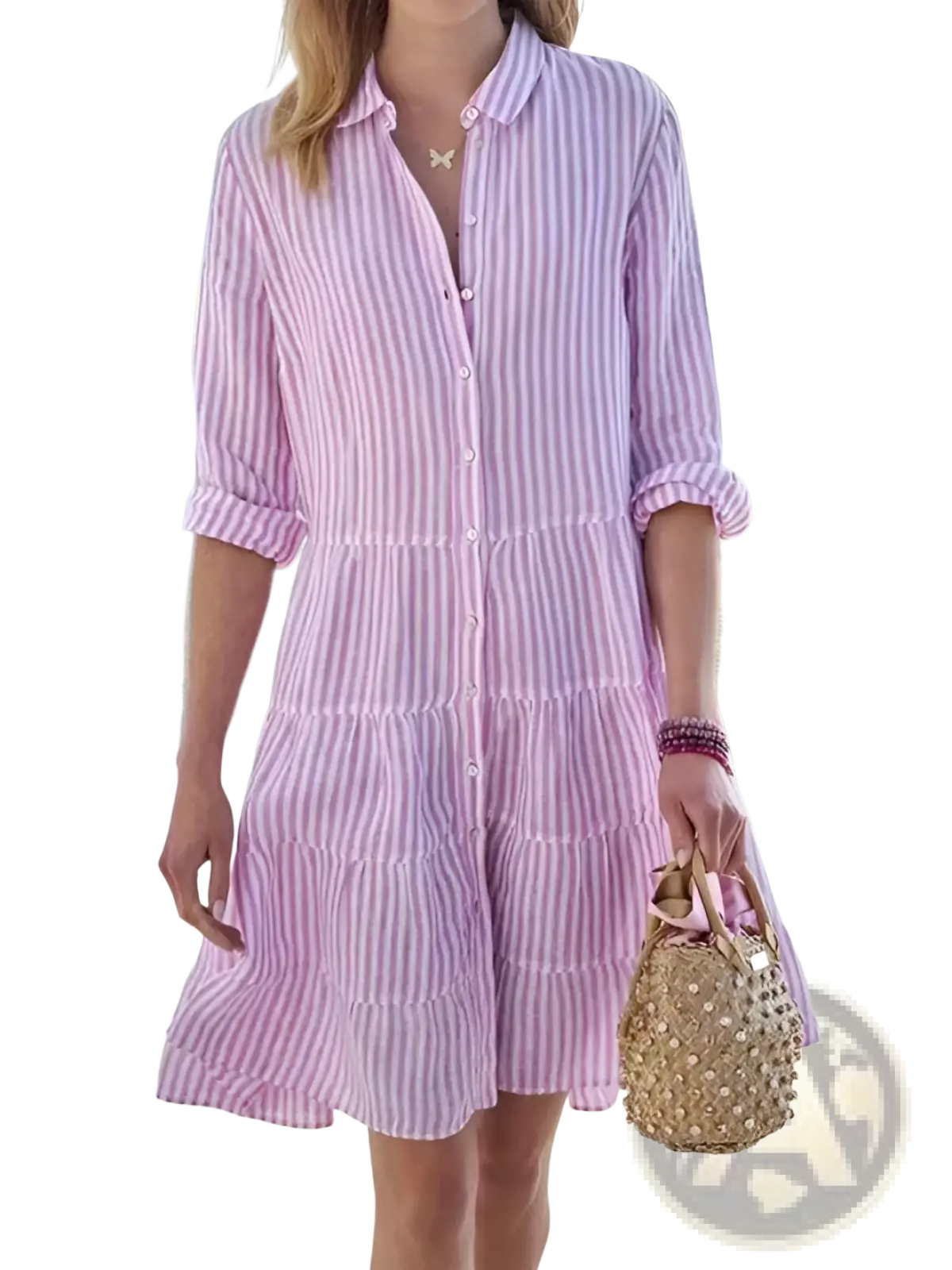 Striped Tiered Ruffle Shirt Dress with Lapel Collar