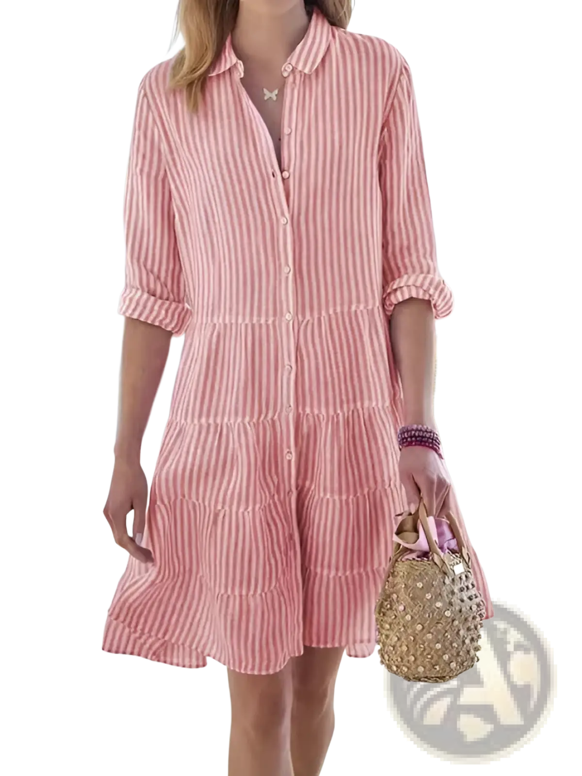Striped Tiered Ruffle Shirt Dress with Lapel Collar