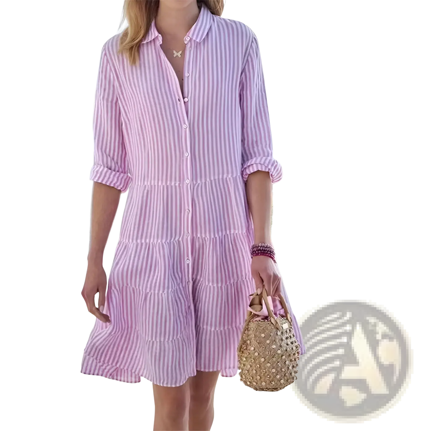 Striped Tiered Ruffle Shirt Dress with Lapel Collar