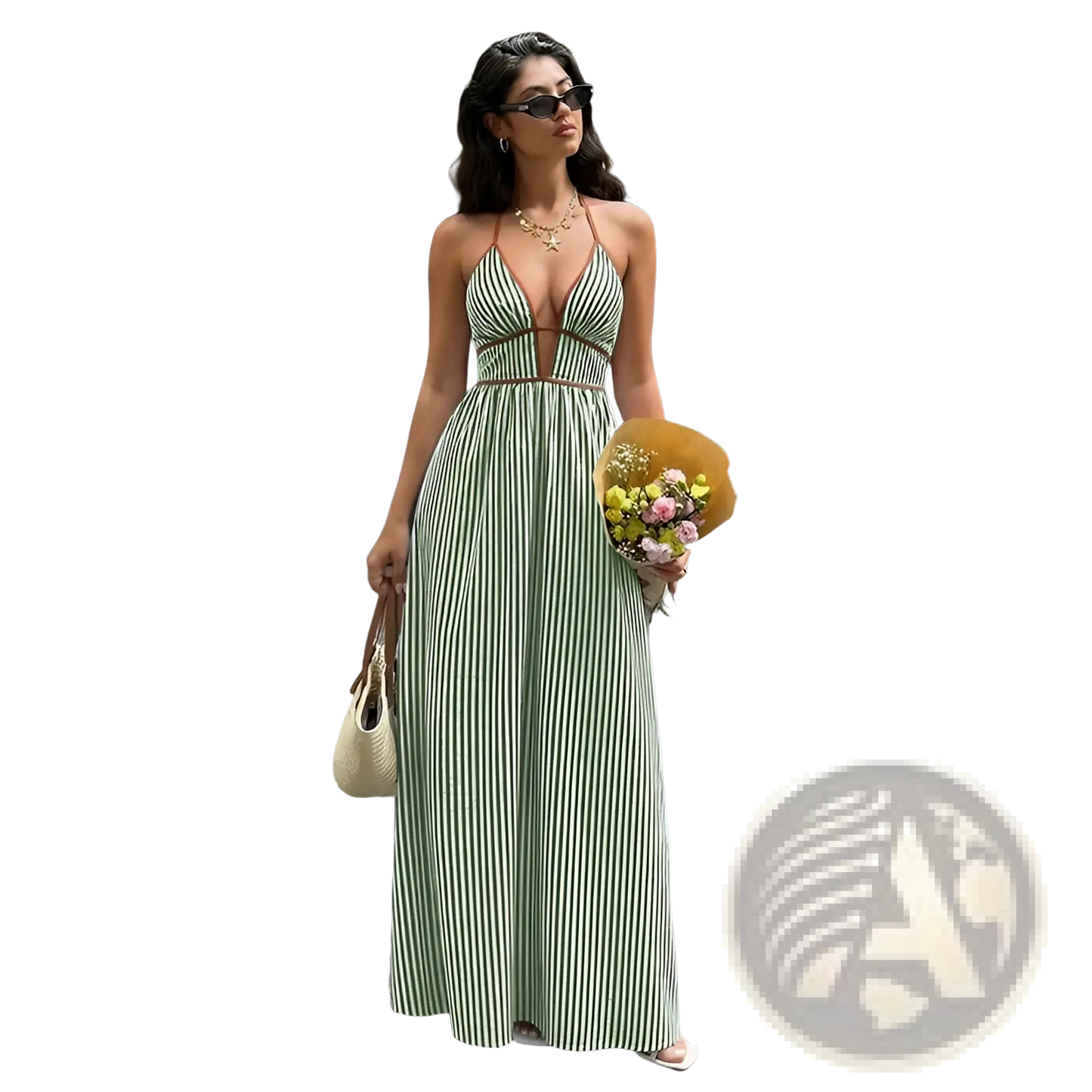 Striped v Neck Tie Back Summer Maxi Dress