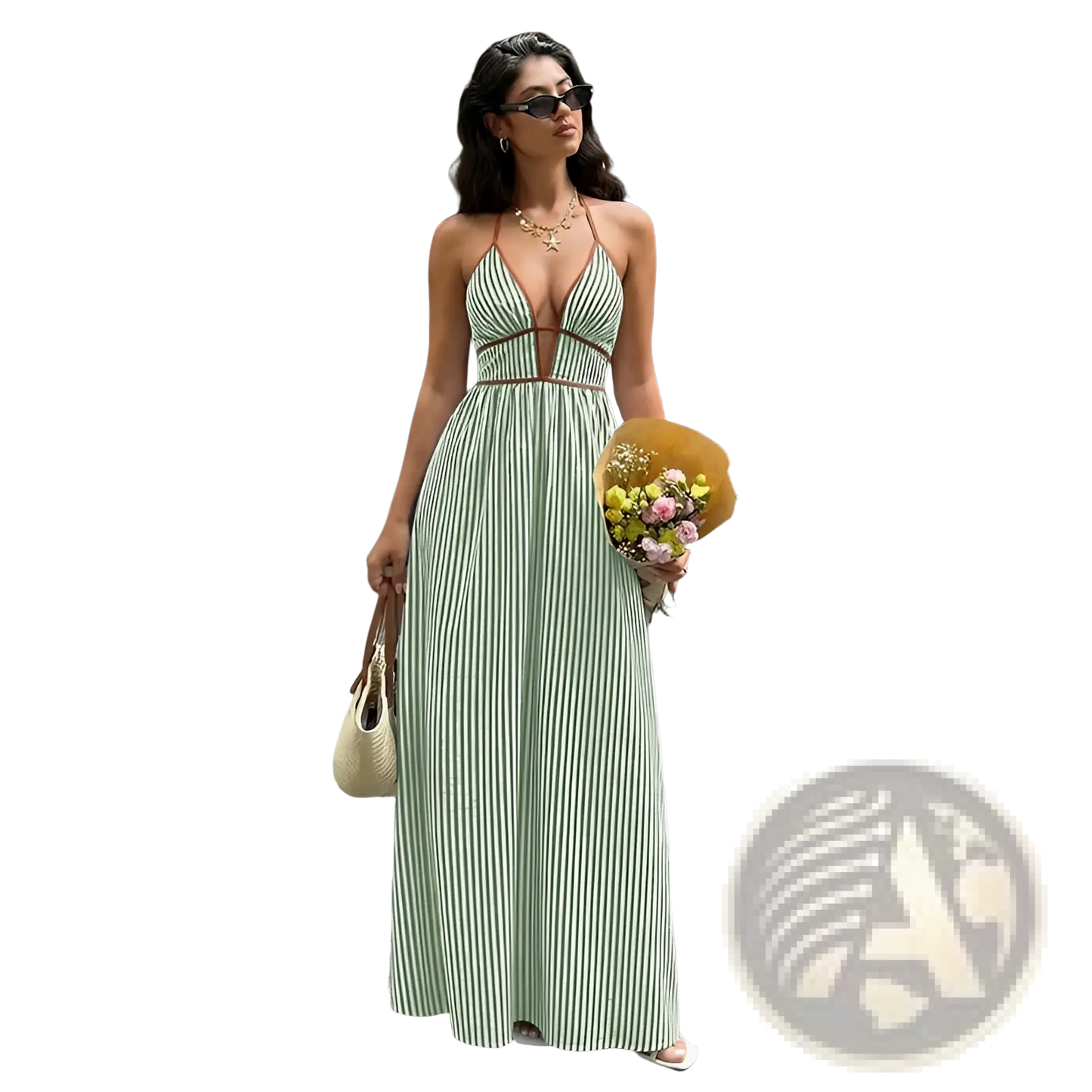 Striped v Neck Tie Back Summer Maxi Dress