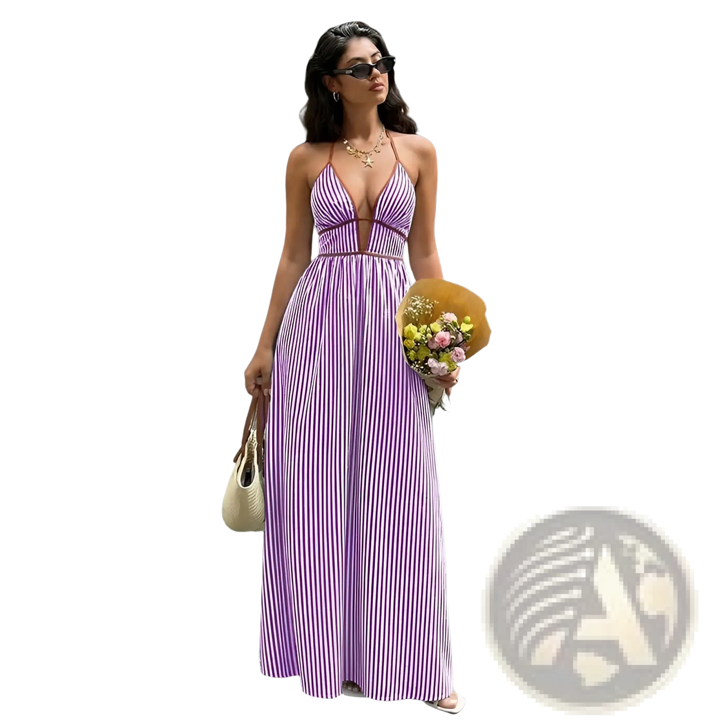 Striped v Neck Tie Back Summer Maxi Dress