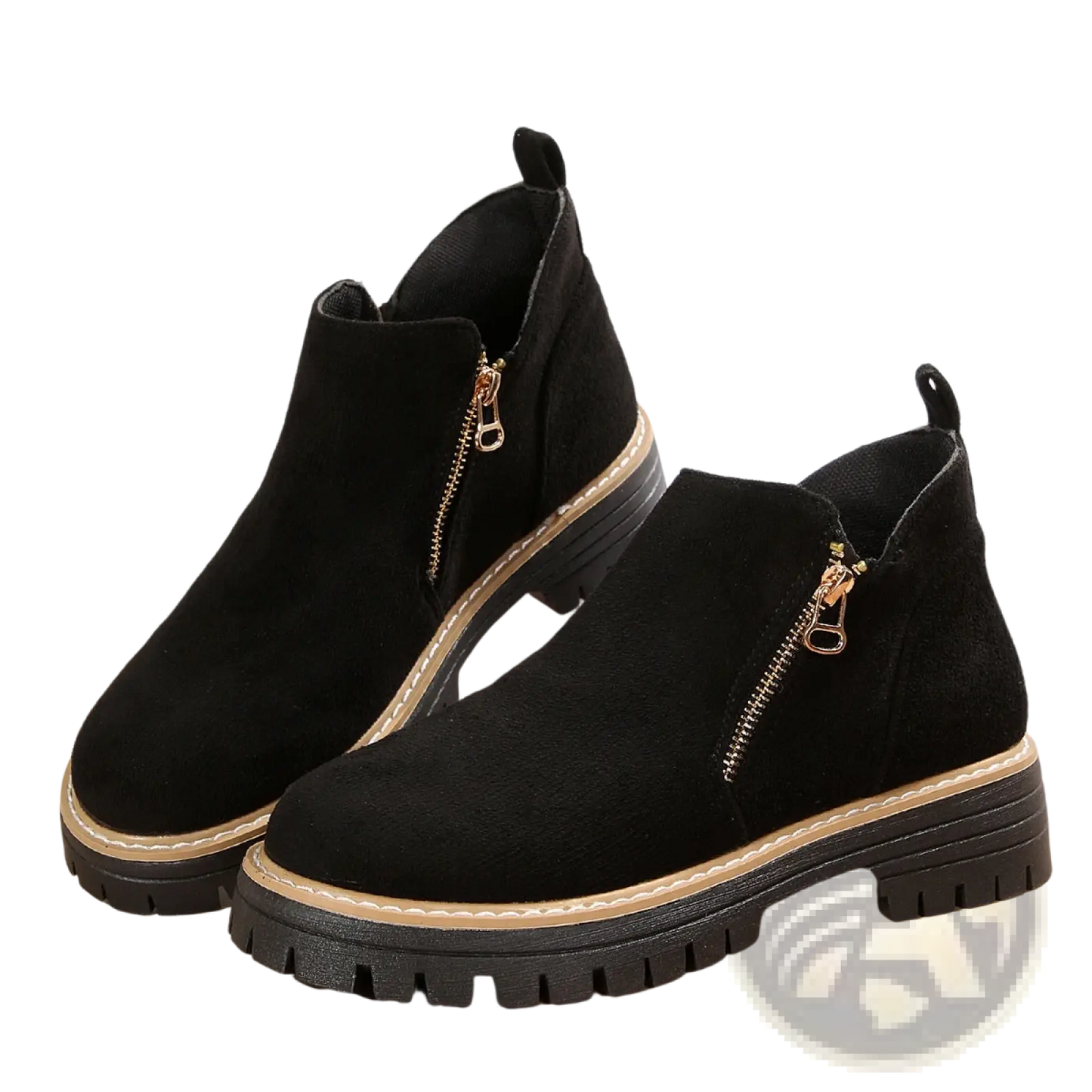 Suede Ankle Boots with Side Zipper and Chunky Sole
