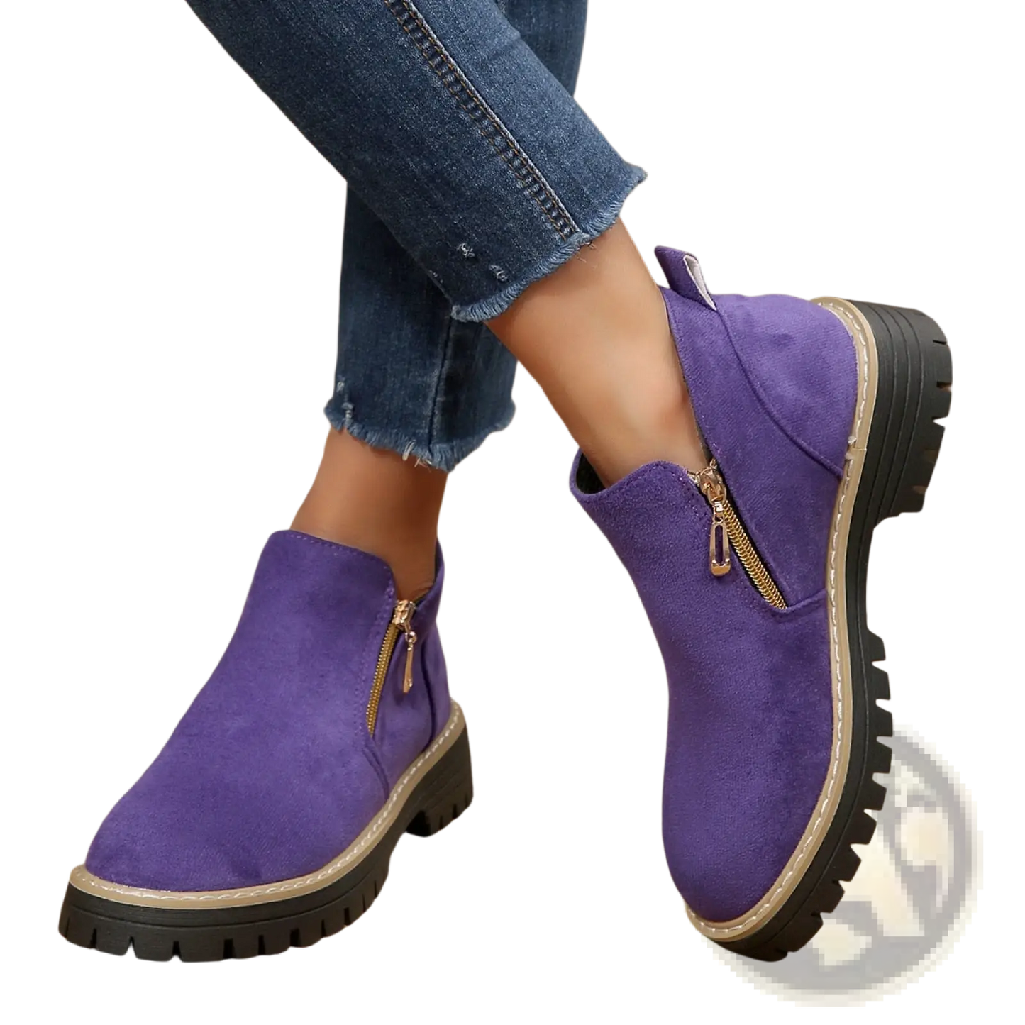 Suede Ankle Boots with Side Zipper and Chunky Sole