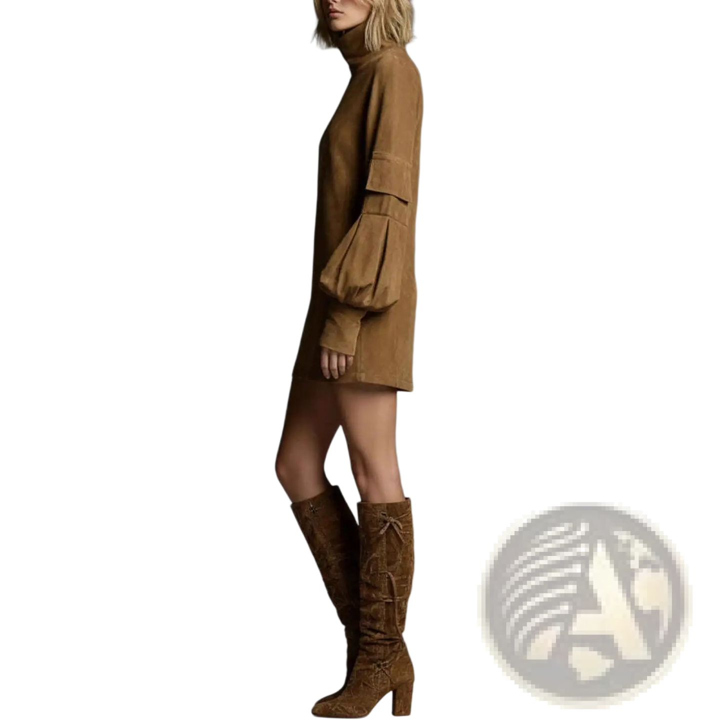 Suede Turtleneck Cargo Mini Dress with Long Sleeves