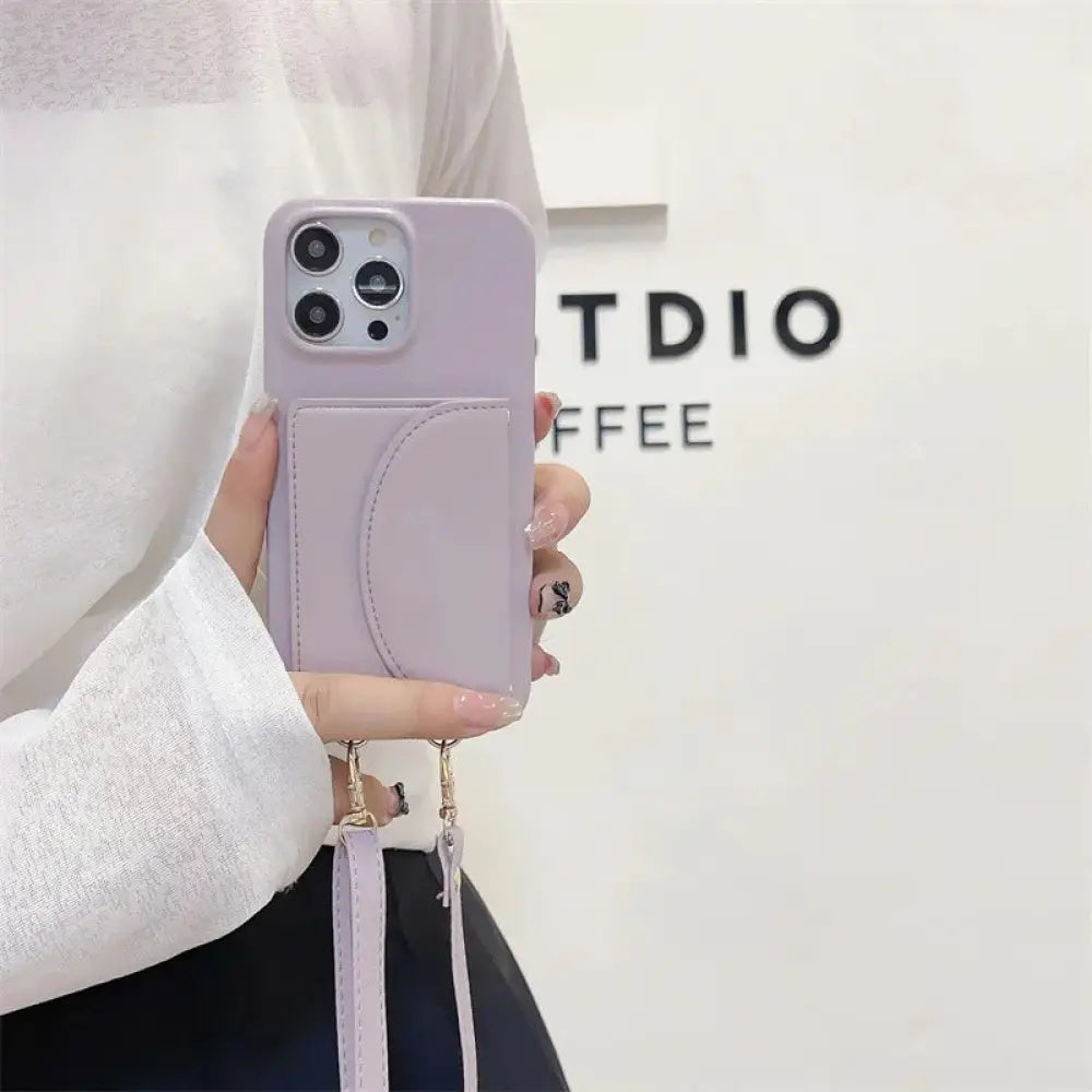 Litchi Leather Card Holder Phone Case with Lanyard