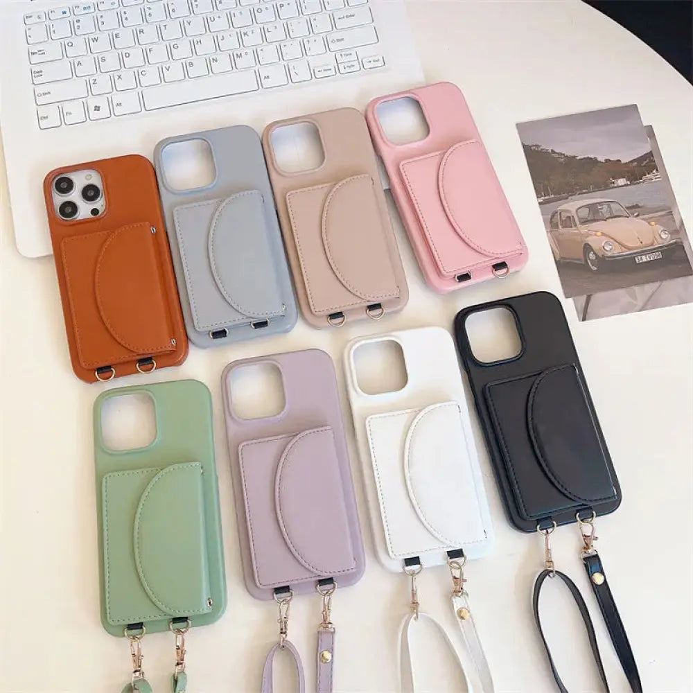 Litchi Leather Card Holder Phone Case with Lanyard