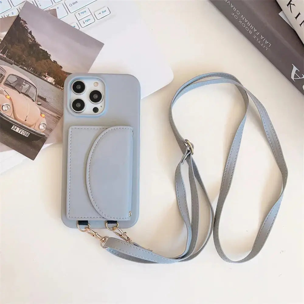 Litchi Leather Card Holder Phone Case with Lanyard