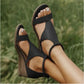Women's Leather and Suede T-strap Summer Wedge Sandals