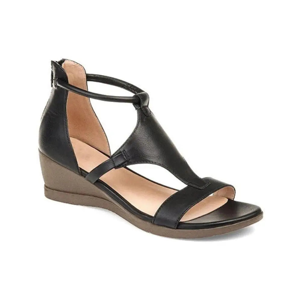 Women's Leather and Suede T-strap Summer Wedge Sandals