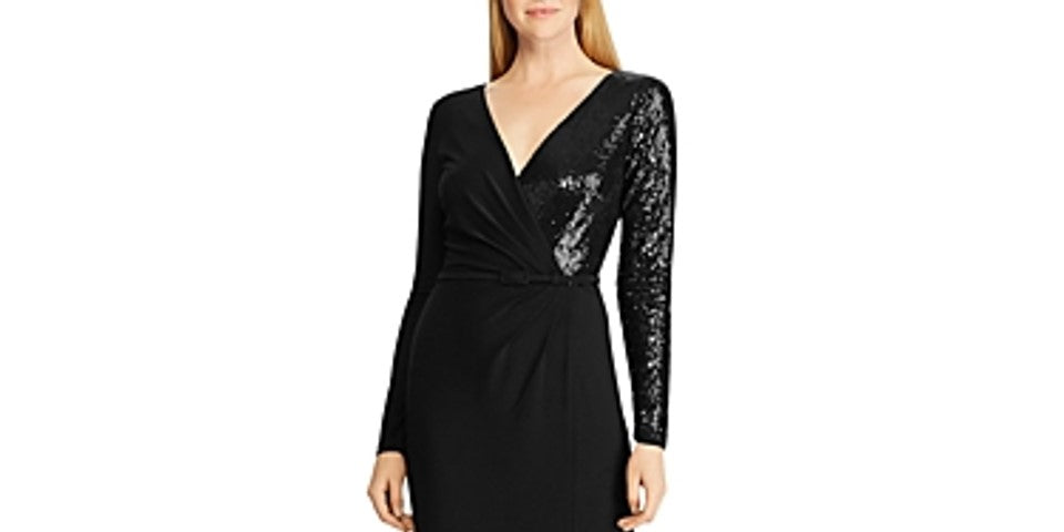 Lauren Ralph Lauren Women's Black Sequined Long Sleeve Surplice Neckline Full-Length Evening Dress Size 12