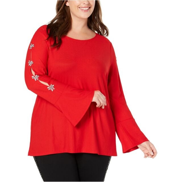 INC International Concepts Women's Embellished Sleeve Top -Red Size Petite S