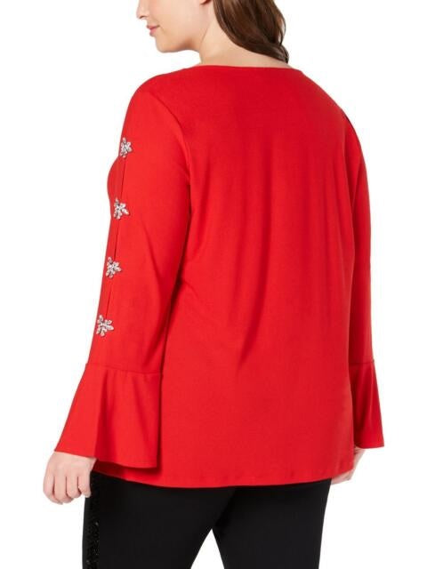 INC International Concepts Women's Embellished Sleeve Top -Red Size Petite S
