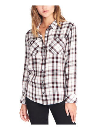 Sanctuary Women's Plaid Long Sleeve Collared Button Up Top White Size Large