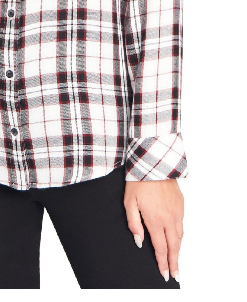 Sanctuary Women's Plaid Long Sleeve Collared Button Up Top White Size Large