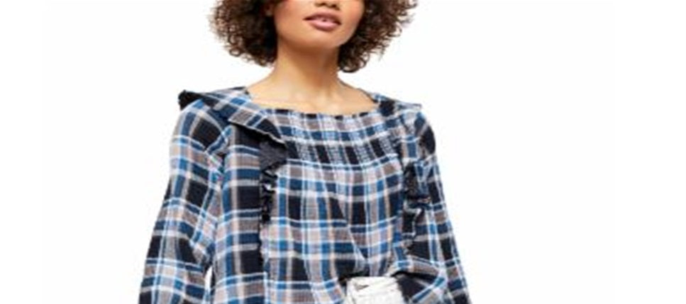 Free People Women's Siena Top Plaid Square Neck Blue Size Medium