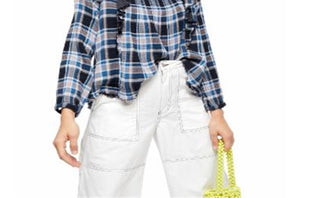 Free People Women's Siena Top Plaid Square Neck Blue Size Medium